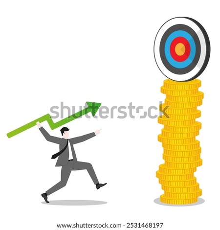 A businessman throws a green arrow like a javelinto a business goal on coins stack. Concept of financial success, ambition to target, investment strategy, performance at work, and career opportunity.