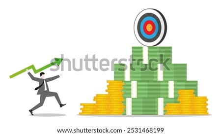 A businessman throws a green arrow like a javelinto a business goal  on money stack. Concept of financial success, ambition to target, investment strategy, performance at work, and career opportunity.