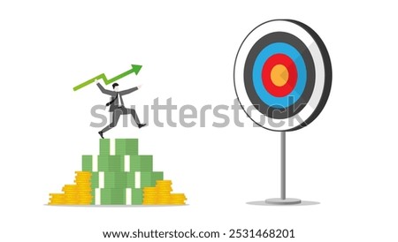 A businessman throws a green arrow like a javelin on money stack to a business goal. Concept of financial success, ambition to target, investment strategy, performance at work, and career opportunity.