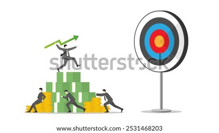 A businessman throws a green arrow like a javelin on money stack to business goal. Teamwork of financial success, ambition to target, investment strategy, performance at work, and career opportunity.