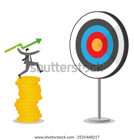 A businessman throws a green arrow like a javelin on coins stack to a business goal. Concept of financial success, ambition to target, investment strategy, performance at work, and career opportunity.