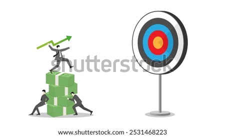 A businessman throws a green arrow like javelin on banknote stack to business goal. Teamwork of financial success, ambition to target, investment strategy, performance at work, and career opportunity.