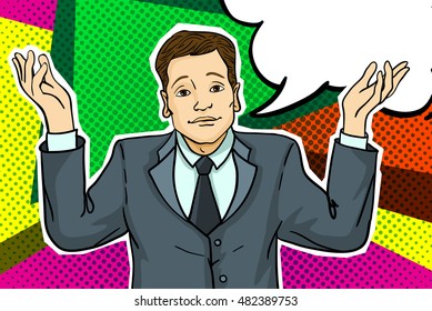 Empresário joga as mãos para cima. Desculpe empresário no estilo pop art quadrinhos.