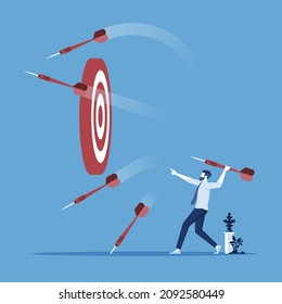 businessman throws many dart arrows hit out of the dartboard, missing the marketing target and customer, fail on company mission and goal