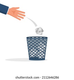 Businessman throws a mint paper in trash. Crumpled paper in basket. Vector illustration flat design. Isolated on white background.