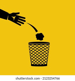 Businessman throws a mint paper in trash. Crumpled paper in basket. Vector illustration flat design. Isolated on white background.