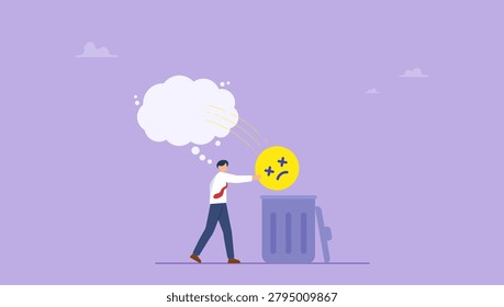Businessman throws negative thoughts out of his brain. Take away suffering concept, emotional or mental problem.