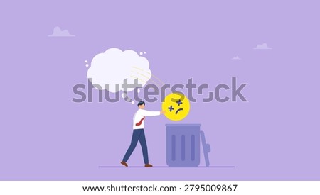 Businessman throws negative thoughts out of his brain. Take away suffering concept, emotional or mental problem.