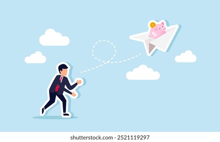 A businessman throws a paper airplane carrying a piggy bank into the sky, illustrating promotion or support from partners to increase investment profits or asset valuation.