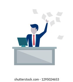 businessman throws paper. businessman sitting at the table in front of the computer. unsuccessful investment concept vector illustration .