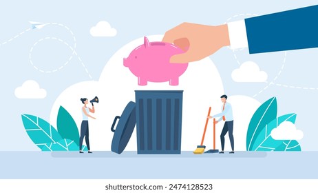 A businessman throws a piggy bank into the trash. Concept of inflation, devaluation of money, loss of savings. Money, piggy bank, trash can, cleaner. Vector illustration