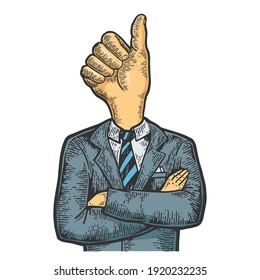 Businessman with thumb finger up hand gesture instead head color sketch engraving vector illustration. Scratch board style imitation. Black and white hand drawn image.