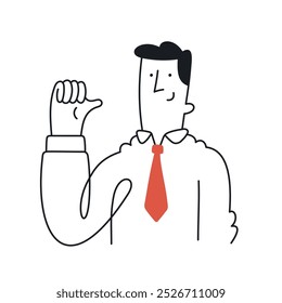 Businessman with thumb pointing to himself, representing confidence. Doodle style with an editable strike.
