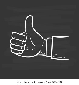 businessman thumb up using doodle art or hand drawing style on chalkboard background