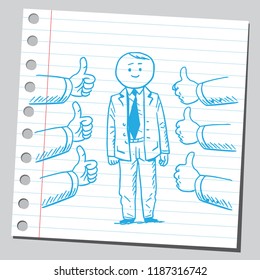 Businessman and thumbs up around her.