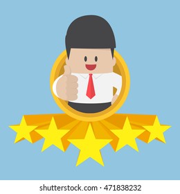 Businessman thumbs up with five star rating. best service and quality concept