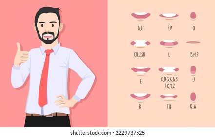 Businessman with thumbs up pose. Lip sync collection for animation. male mouth animation. Phoneme mouth chart. Alphabet pronunciation. Vector illustration.