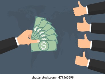Businessman thump up like vote for banknote money paying on world background. Vector illustration business concept design.