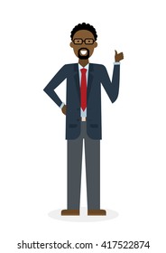 Businessman with thump up on white background. African american white-collar gesturink thumb up. Successful and positive consultant. Greeting or agreement.