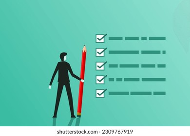A businessman is ticking boxes to get things done. Completed checklist Success or project progress concept. Concept of ticking boxes to check all completed tasks for the day.