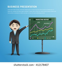 Businessman in tie and black suit makes presentation with explanation marketing report on a board. Business training.Vector illustration EPS10.