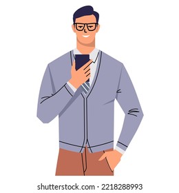 A businessman in a tie and glasses is using a mobile phone. A smiling man holds a device in his hand in front of him. Video call, online chat. Vector isolated on white background. Flat style.