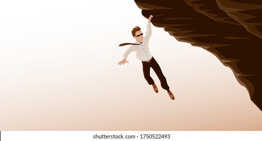 A businessman in a tie hangs dangerously on the edge of a cliff. Holds by one hand. Symbol of risk or economic crisis. Vector illustration banner with place for text.