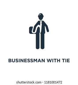 Businessman with tie icon. Black filled vector illustration. Businessman with tie symbol on white background. Can be used in web and mobile.
