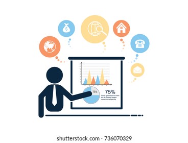 Businessman tie making presentation 

explaining charts on a white board.