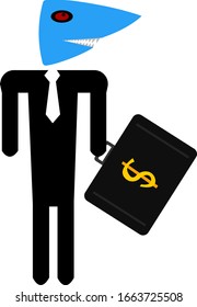Geschäftsmann in Verbindung mit einem Hai-Kopf und scharfen Zähnen hält einen Koffer mit einem Dollar-Symbol in seinem Handführungskonzept-Objekt auf weißem Hintergrund