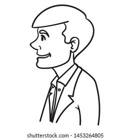 businessman with tie from the side in black and white. comic outline, cartoon, vector illustration.