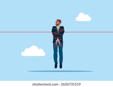 Businessman tied by a rope and intricate tension. Crash in business and career. Analyze data, crash and Company Bankruptcy. Business destroyed and no income. Flat vector illustration