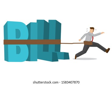 Businessman tied to a huge weight of bills. Business concept of debtor, financial problem or bad economy. Vector illustration.