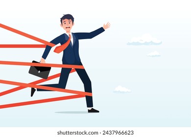 Businessman tied up with red tape trying to run away with full effort, business difficulty or struggle with career obstacle, limitation and trap or challenge to overcome to success (Vector)