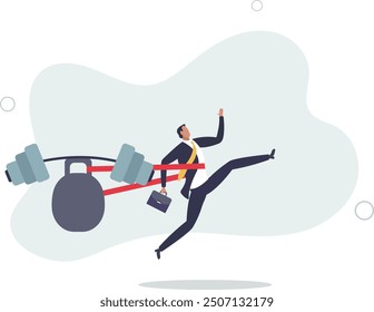 businessman tied up with red tape trying to run away with full effort.flat design with people.