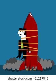 businessman tied to a rocket that takes off