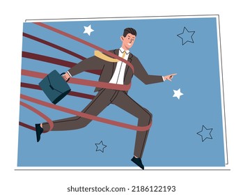 Businessman tied up. Problems at work, entrepreneur trying to implement project. Character fights for freedom, overcomes difficulties. Leadership and motivation. Cartoon flat vector illustration