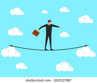 Businessman tightrope walker walking on a tightrope between the clouds. Vector illustration. The concept of risks in business and management.