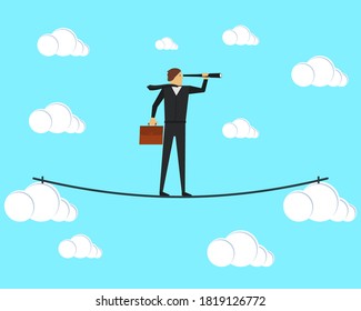 A businessman tightrope walker walks on a tightrope between the clouds and looks through a spyglass. Vector illustration.