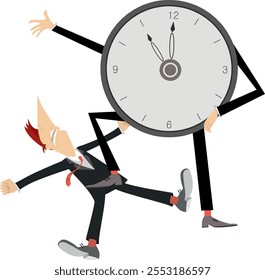 Businessman. Time concept. Deadline.
Clock puts a leg on the laying tired businessman. Concept illustration. Overworked businessman. Isolated on white background
