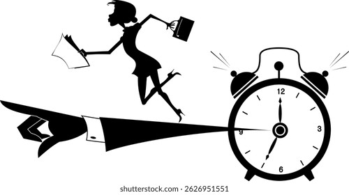 Businessman. Time concept. Deadline. Hand from the alarm clock points the direction where to go to a businesswoman with bag and papers. Black and white illustration
