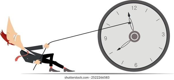 Businessman. Time concept. Deadline.
Businessman using a rope to stop arrow on the clock. Pushing back hour concept
