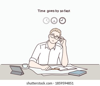 Businessman and the time, time goes by so fast. Hand drawn style vector design illustrations.
