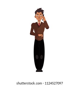 Businessman and time management, deadline concept. Male character, manager office worker in uniform standing calling phone looking at watches. Vector illustration