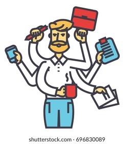 Businessman time management, multitasking ceo, many manager tasks, successful effective planning concept. Line vector icon. Editable stroke. Flat linear illustration isolated on white background