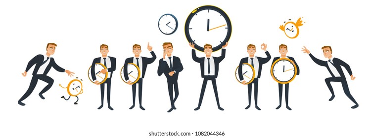 Businessman and time set with adult office worker in suit holding and trying to catch wall clock isolated on white background - cartoon vector illustration of deadline and time management concept.
