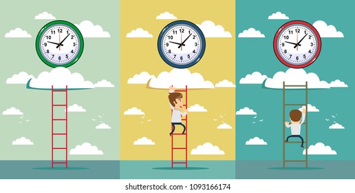 Businessman and time set with adult office worker trying to catch wall clock . cartoon vector illustration of deadline and time management concept.