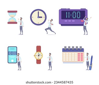Businessman with time symbols vector illustrations set. Collection of cartoon drawings of office worker with hourglass, clock, wristwatch, phone, calendar. Business, finances, time management concept