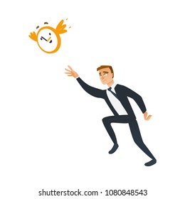 Businessman and time theme with late and falling short of schedule business worker trying to catch and stop wall clock that fly away - isolated cartoon vector illustration.