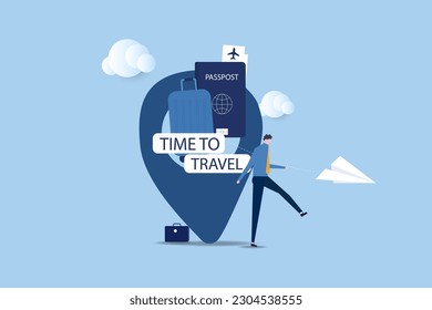 Businessman time to travel banner. Trip banner with passport, tickets, travel bag.Vector Illustrations.